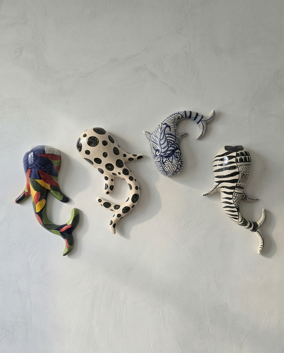 Four handmade ceramic fish wall sculptures with colourful, spotted and intricate blue and black patterns