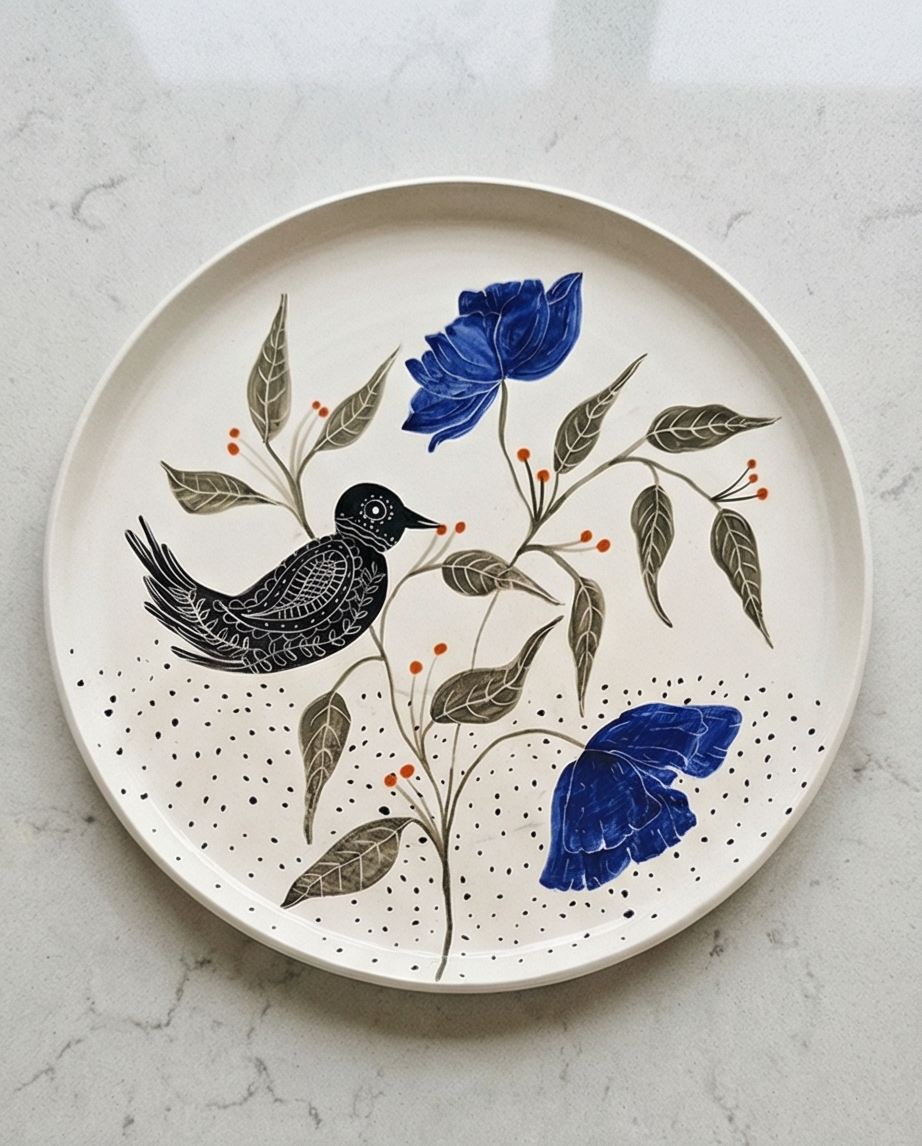 Ivory ceramic plate illustrated with a black bird, blue flowers and leafy branches