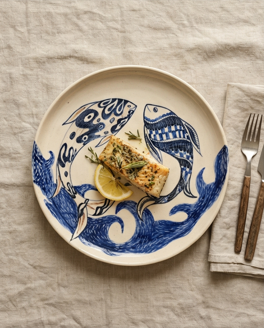Ivory plate with blue fish and wave patterns, served with food, lemon and herbs