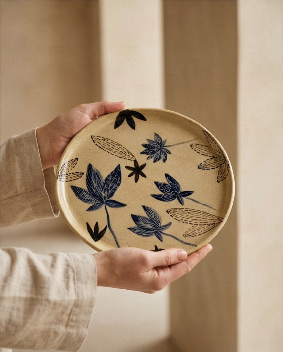 Sand-coloured ceramic plate with dark lotus motifs held in two hands