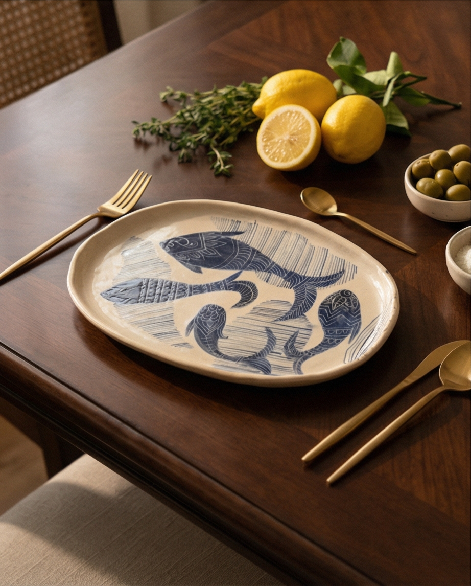 Ivory ceramic platter decorated with blue fish and fine line patterns on a wooden dining table