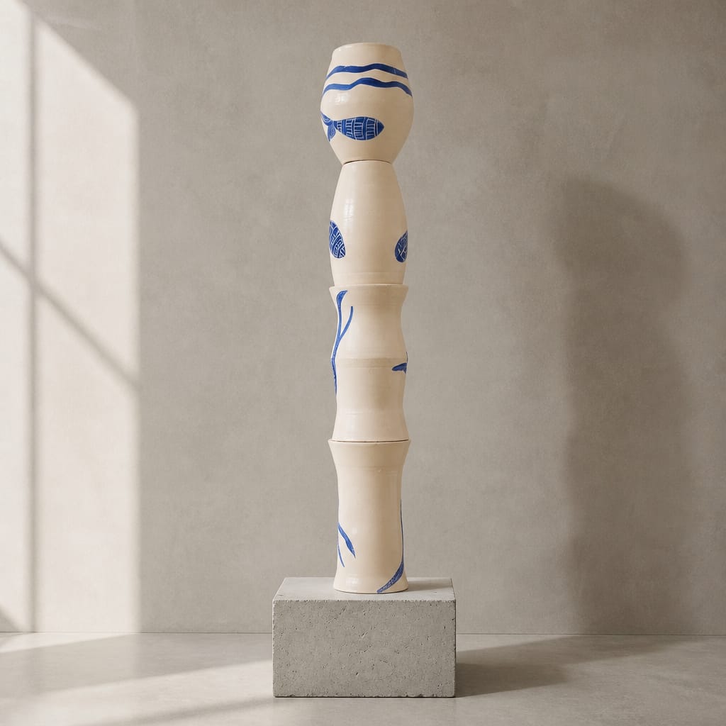 Stacked ivory ceramic totem with blue fish and wave patterns on a concrete base