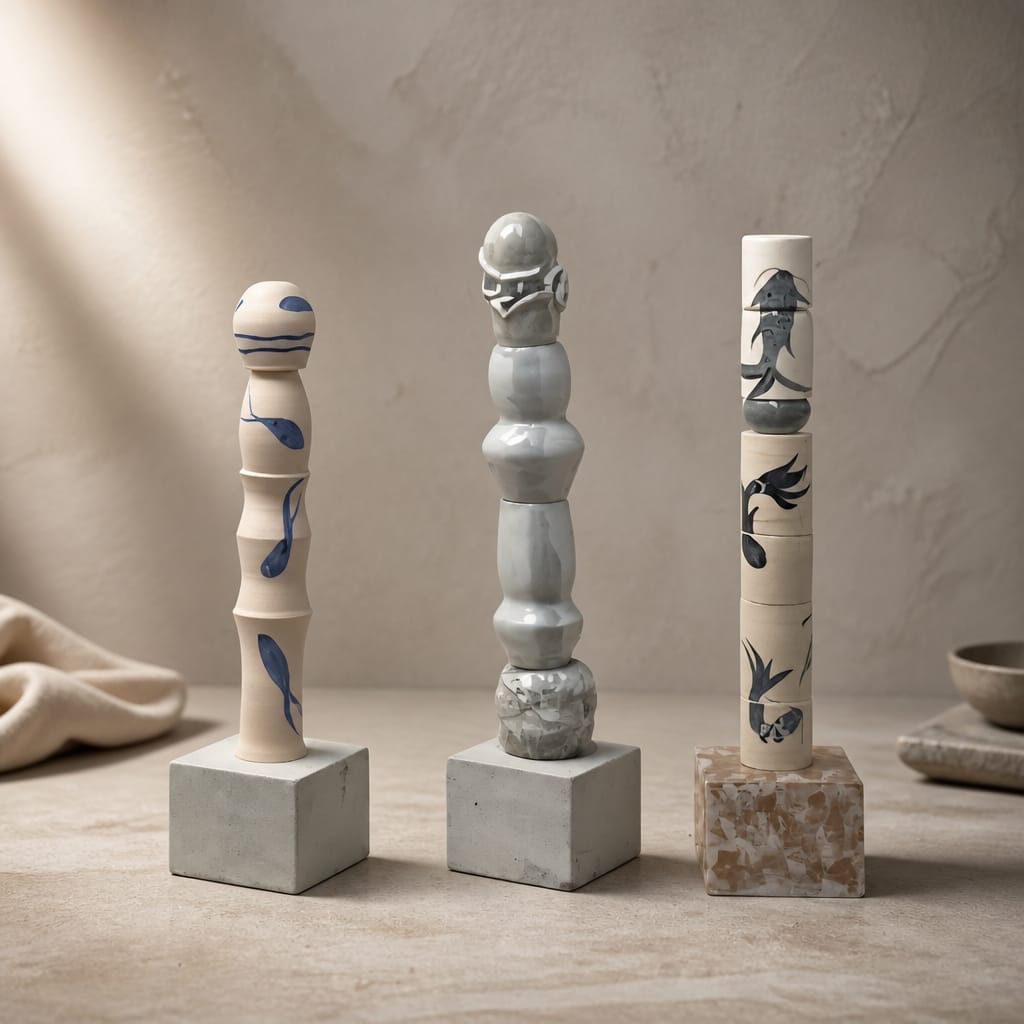 Three ceramic totems with blue and black motifs on square stone bases