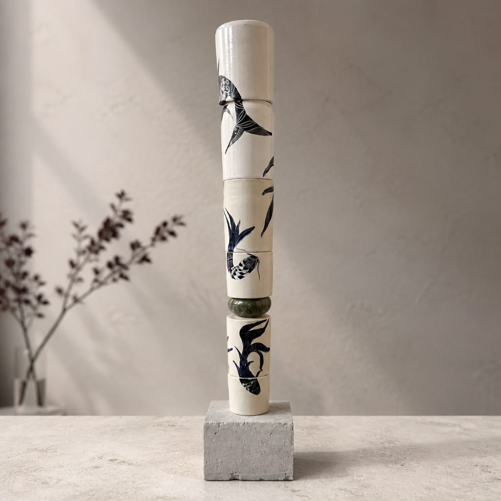 Tall ivory ceramic totem with dark fish motifs, a green accent and a square display base