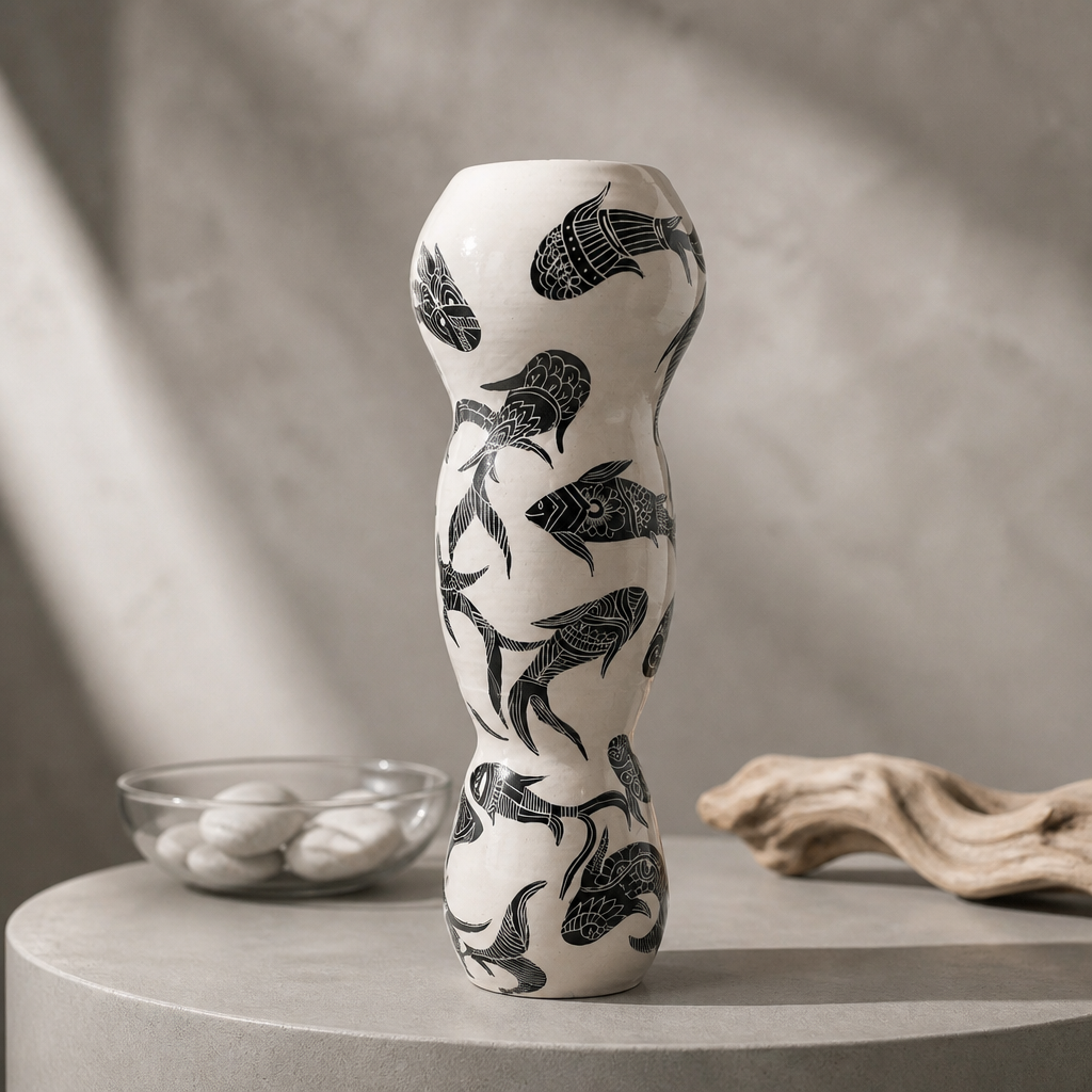 Tall curving ivory vessel decorated with black fish illustrations