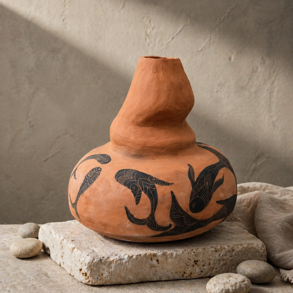 Rounded terracotta vessel with an asymmetrical neck and black fish motifs